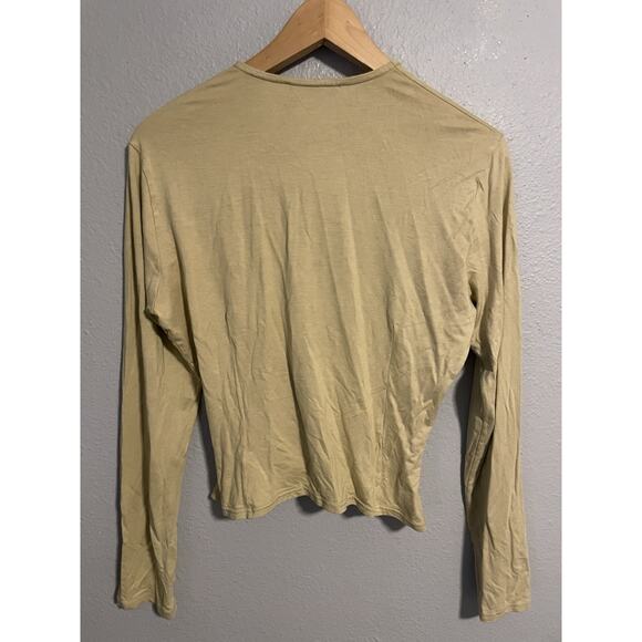 Vintage Jaeger Womens Faux Wrap Top Large Beige Rayon Stretch Cropped Grunge - Picture 2 of 7
